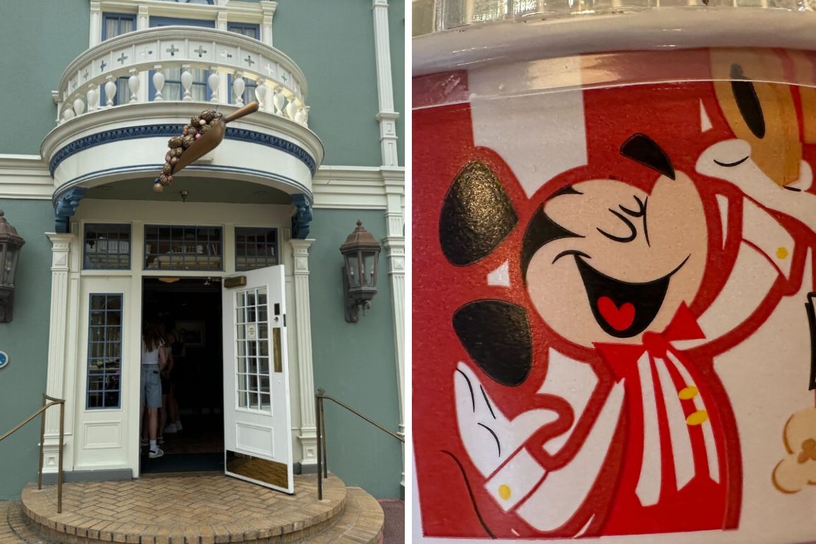 Left: Entrance with open doors and hanging brown decoration. Right: Close-up of colorful cartoon character with a red jacket.