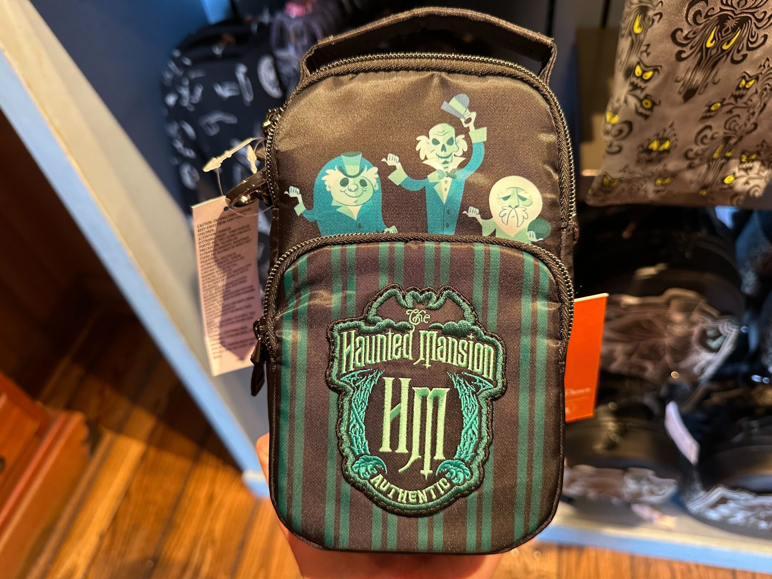 A small backpack with Haunted Mansion design, featuring cartoonish ghosts and "HM" logo on striped background.