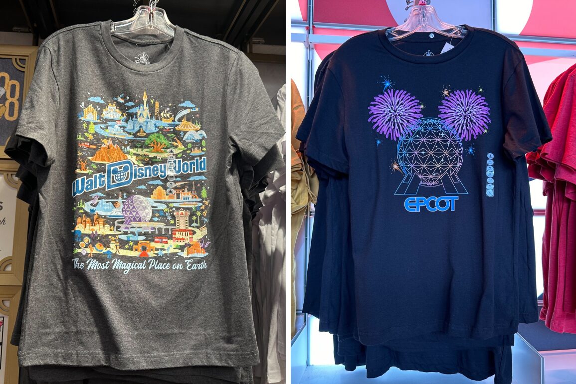 Two T-shirts displayed side by side: the left one has a Walt Disney World design, and the right one features Epcot with fireworks and the iconic geodesic sphere.