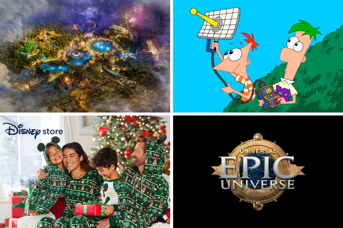 A collage showcasing a daily recap of adventures: a theme park, animated characters with a gadget, a smiling family in matching pajamas, and logos for Disney Store and Universal Epic Universe.