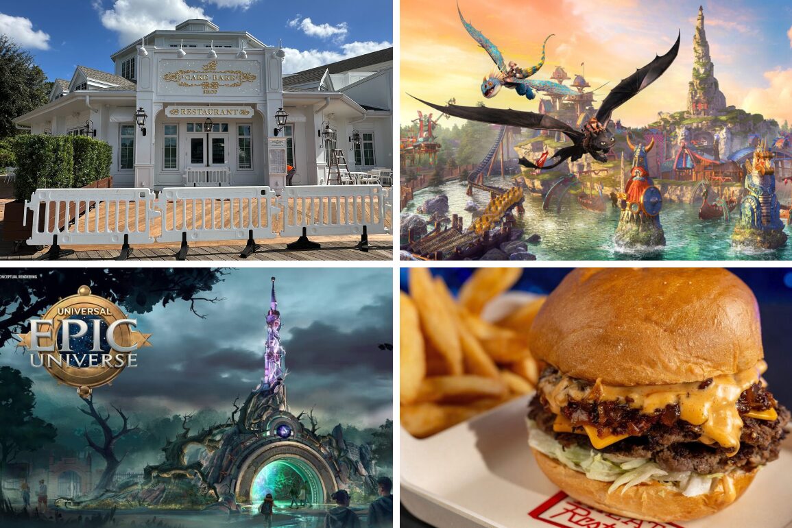 Top left: white restaurant building. Top right: fantasy landscape with dragons. Bottom left: "Epic Universe" theme park entrance. Bottom right: burger and fries—your daily recap adventure awaits!