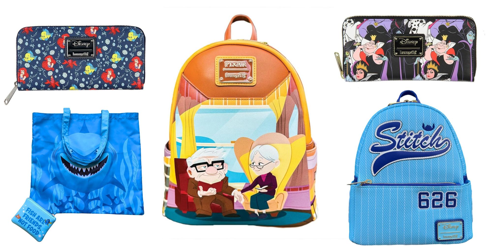 A collection of Disney-themed bags: a floral wallet, a colorful backpack with an elderly couple, a blue stitch bag, a black wallet with villains, and a blue Stitch backpack labeled "626.