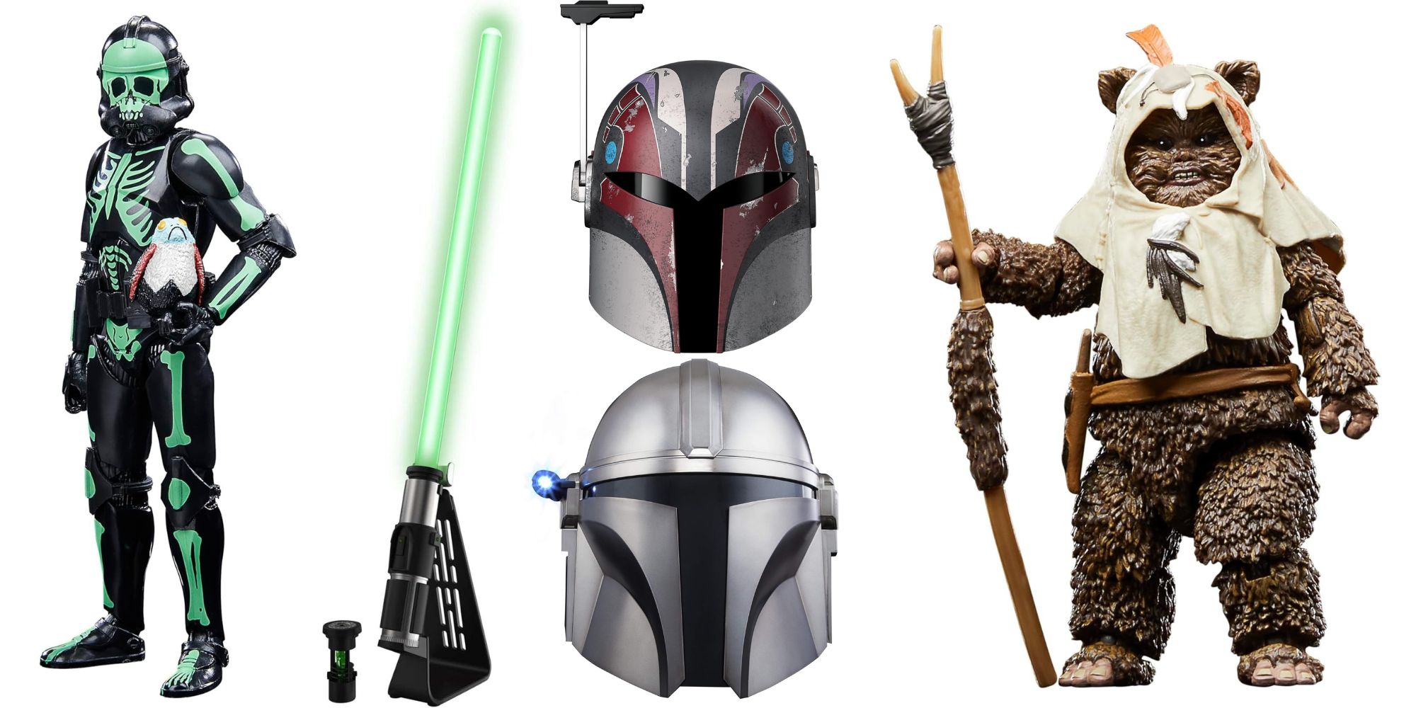 Explore a collection of captivating Star Wars-themed items, featuring iconic figures like a green skeleton-styled character, two classic helmets, a luminous green lightsaber, and a charming Ewok figure wielding a spear.
