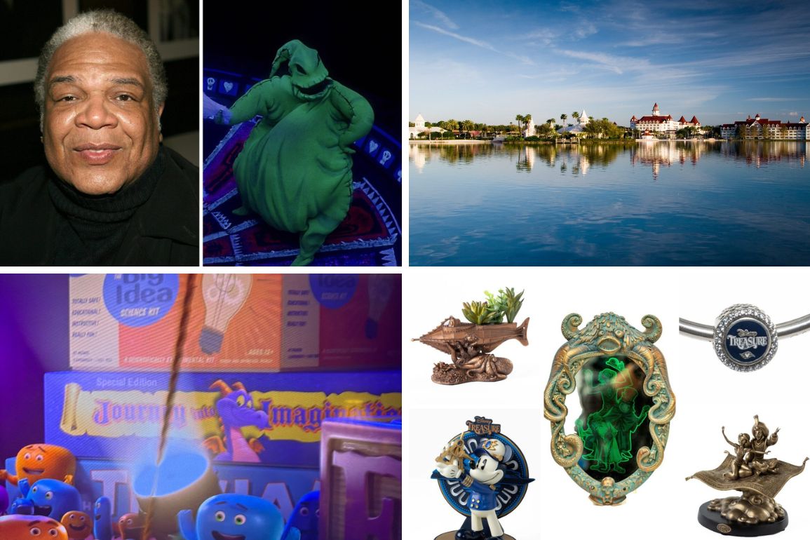 A collage of images provides a daily recap featuring a man, a green costumed character, a scenic view of a lakeside resort, colorful merchandise from a theme park, and various decorative souvenirs.
