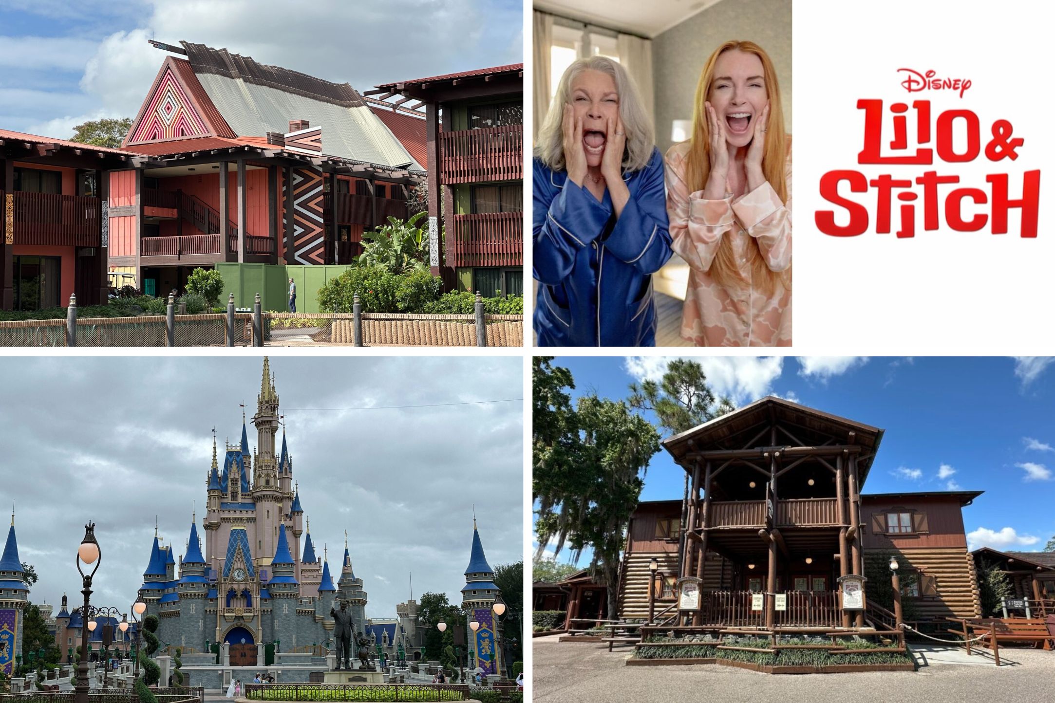 Collage of two buildings, a castle, and two people posing with surprised expressions beside a "Lilo & Stitch" logo, capturing the essence of a daily recap in visual storytelling.