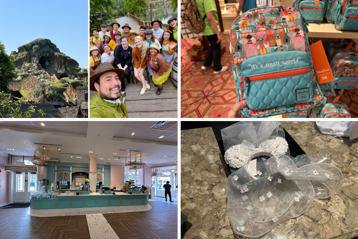Collage of five images featuring a Disney theme park: a group selfie with people in costumes, a themed backpack, an interior of a Disney store, and bridal Minnie Mouse ears sum up the daily recap of enchanting memories.