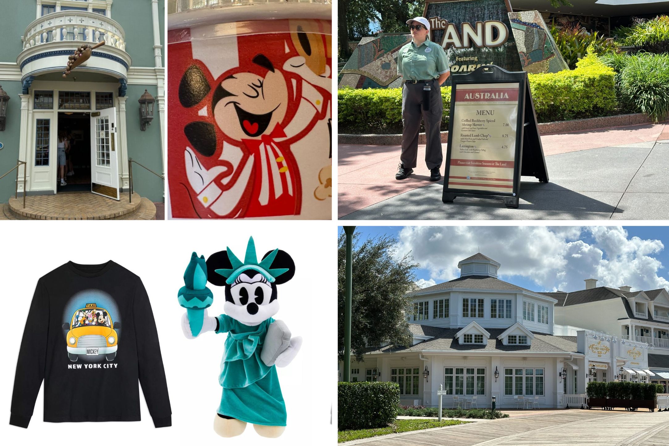 Four images from our daily recap: a building entrance, a Mickey Mouse mural, a person with a menu board in front of 'The Land' sign, and New York-themed attire featuring Mickey on a shirt and plush toy.