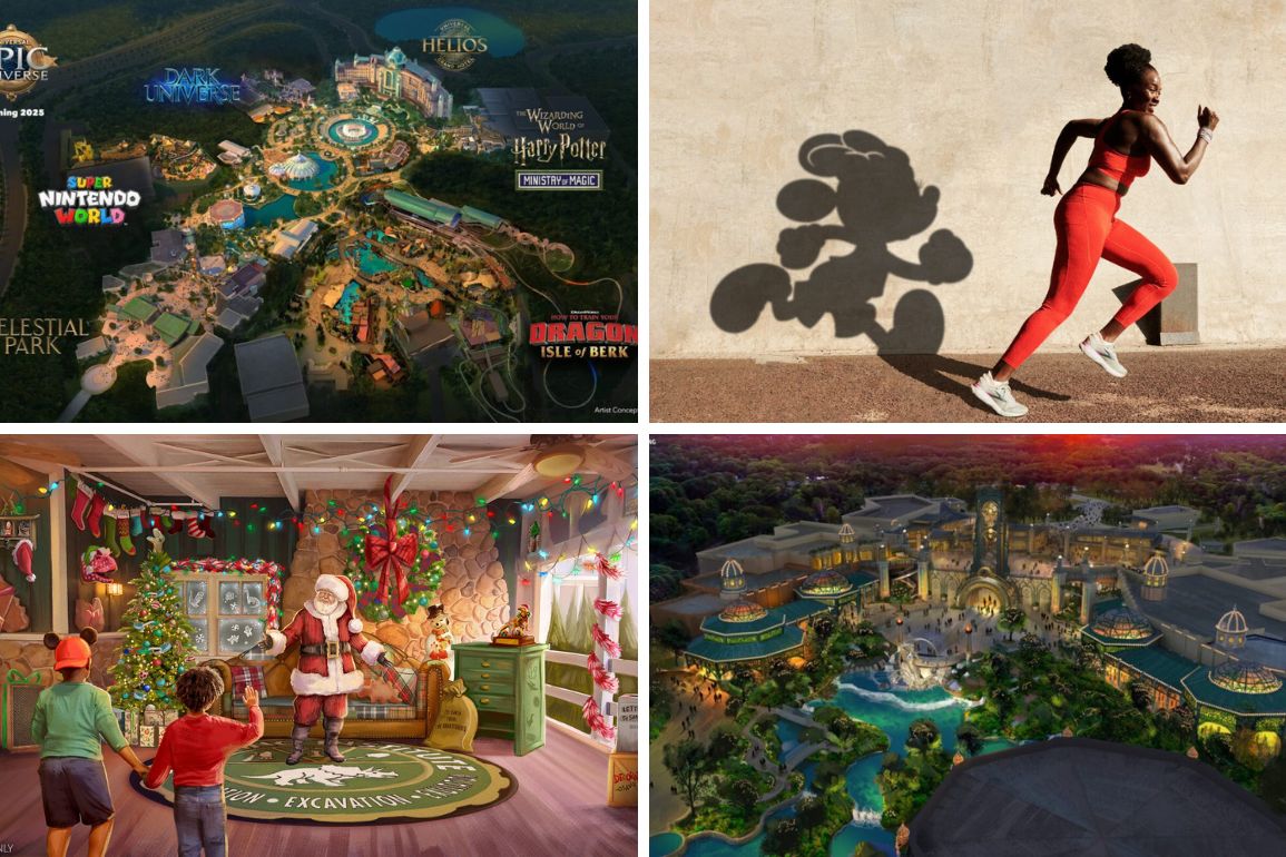 Collage of four images: a daily recap showcasing a theme park overview, a woman running with her shadow, Santa in a decorated room with children, and an aerial view of an illuminated theme park.