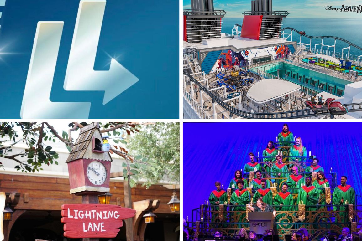 Collage of four images: Lightning Lane sign, cruise ship deck with waterslides, Lightning Lane clock sign, and a choir performing at EPCOT with a blue background — a vibrant daily recap capturing moments of adventure and melody.