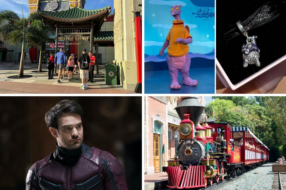 Collage of five images: theme park entrance, purple dinosaur costume, dog pendant necklace, person in costume, and a red train—capturing the vibrant moments from a thrilling daily recap.