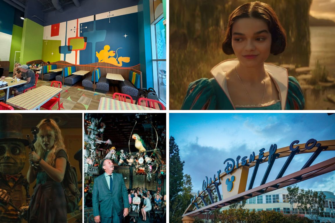 Collage of Disney themes: a vibrant restaurant interior, a person dressed as Snow White, a woman in a fantasy setting, and historical image with Walt Disney alongside the Walt Disney Co. entrance—all capturing the magic in one delightful daily recap.