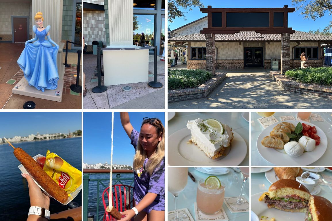 In this daily recap, a Cinderella statue stands amidst a collage featuring a restaurant exterior, delectable food items such as corn dogs, pie, ravioli, burgers, and drinks. A person holds a corn dog near the tranquil water’s edge.