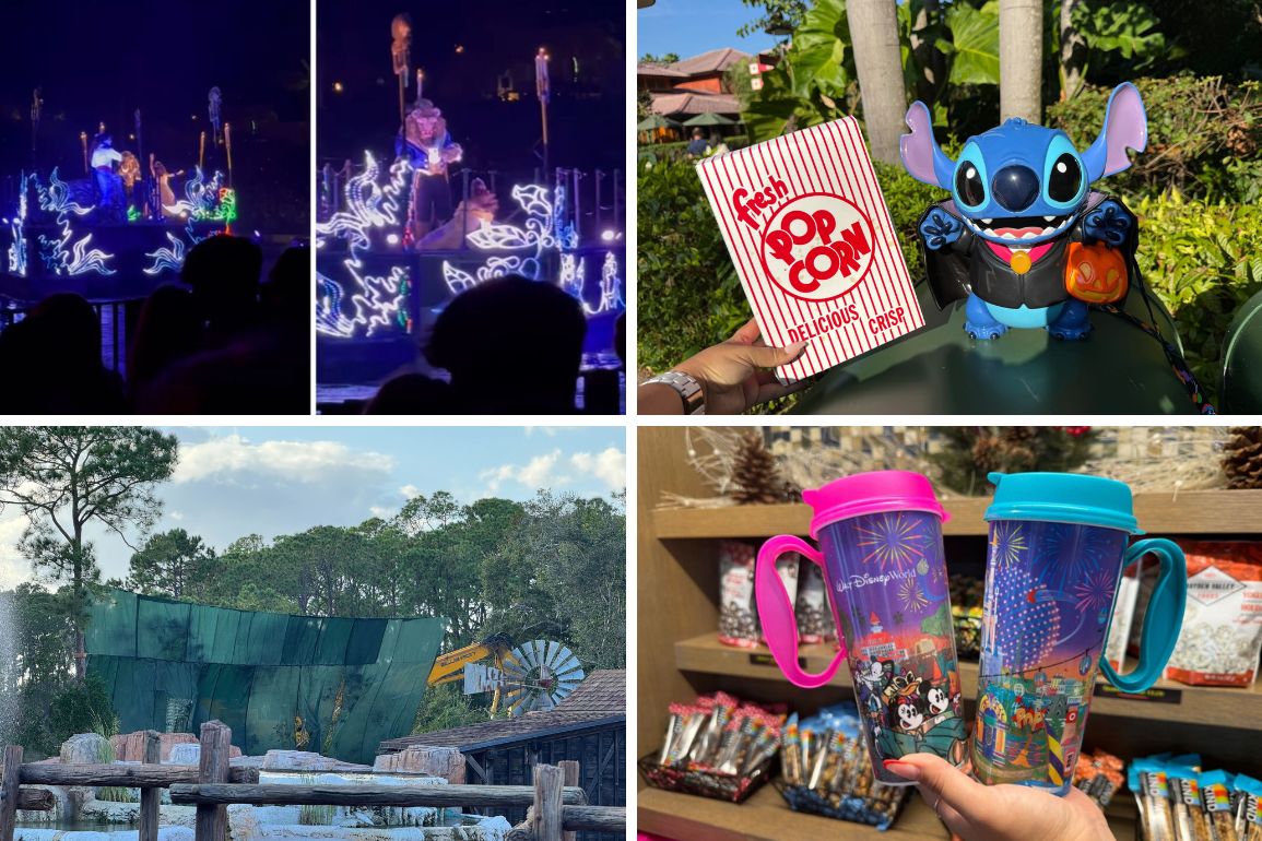 A daily recap of theme park scenes: a night performance, popcorn and toy, a daytime show setup, and souvenir cups with vibrant designs.