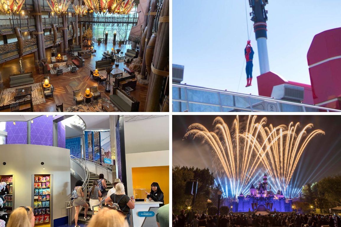 Collage of four images: a hotel lobby capturing the day’s hustle, a superhero figure perched atop a building, a group of people engaged in the latest tech store buzz, and a breathtaking nighttime fireworks display at a castle, perfectly capturing the daily recap.