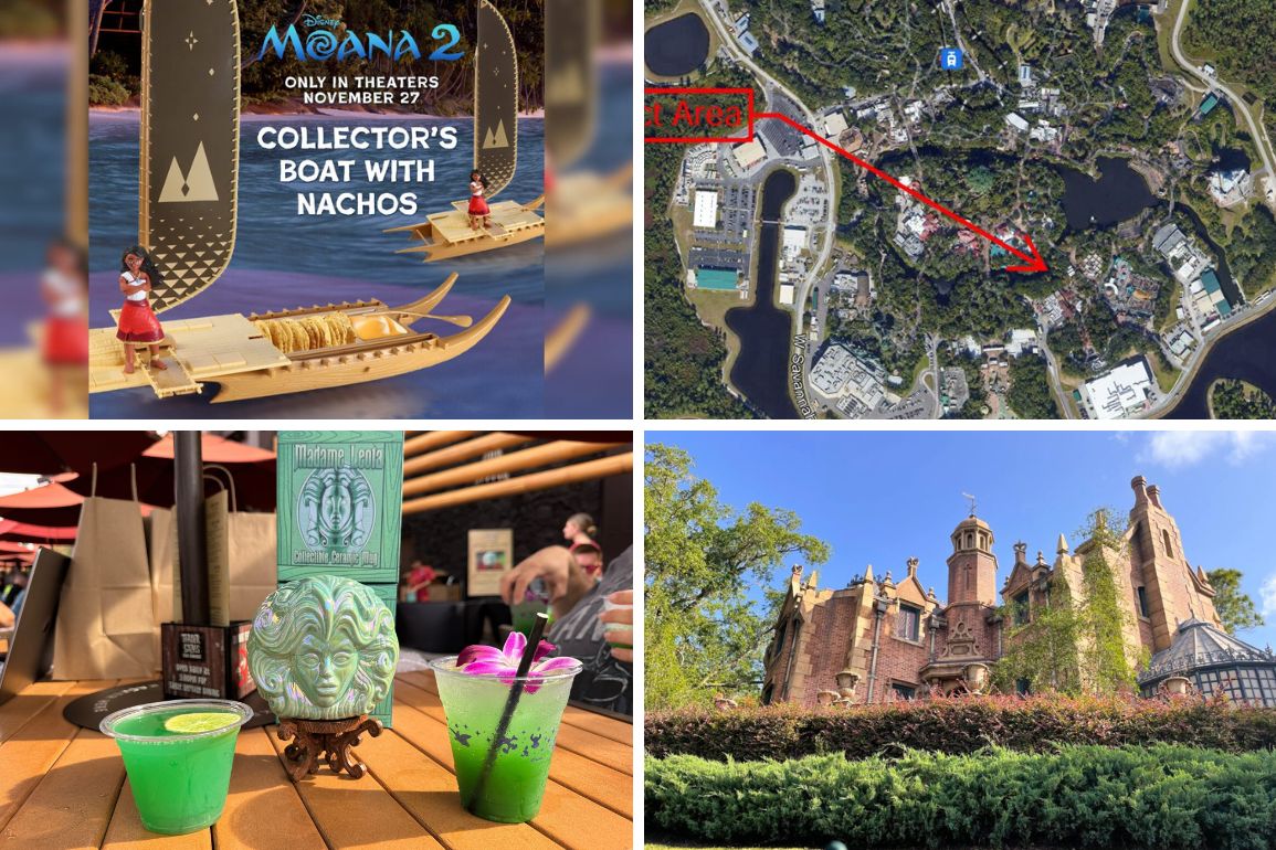 Collage of images: Moana-themed boat with nachos; a daily recap featuring an aerial map with a marked route; green drinks with themed labels; historic building with turrets and surrounding greenery.
