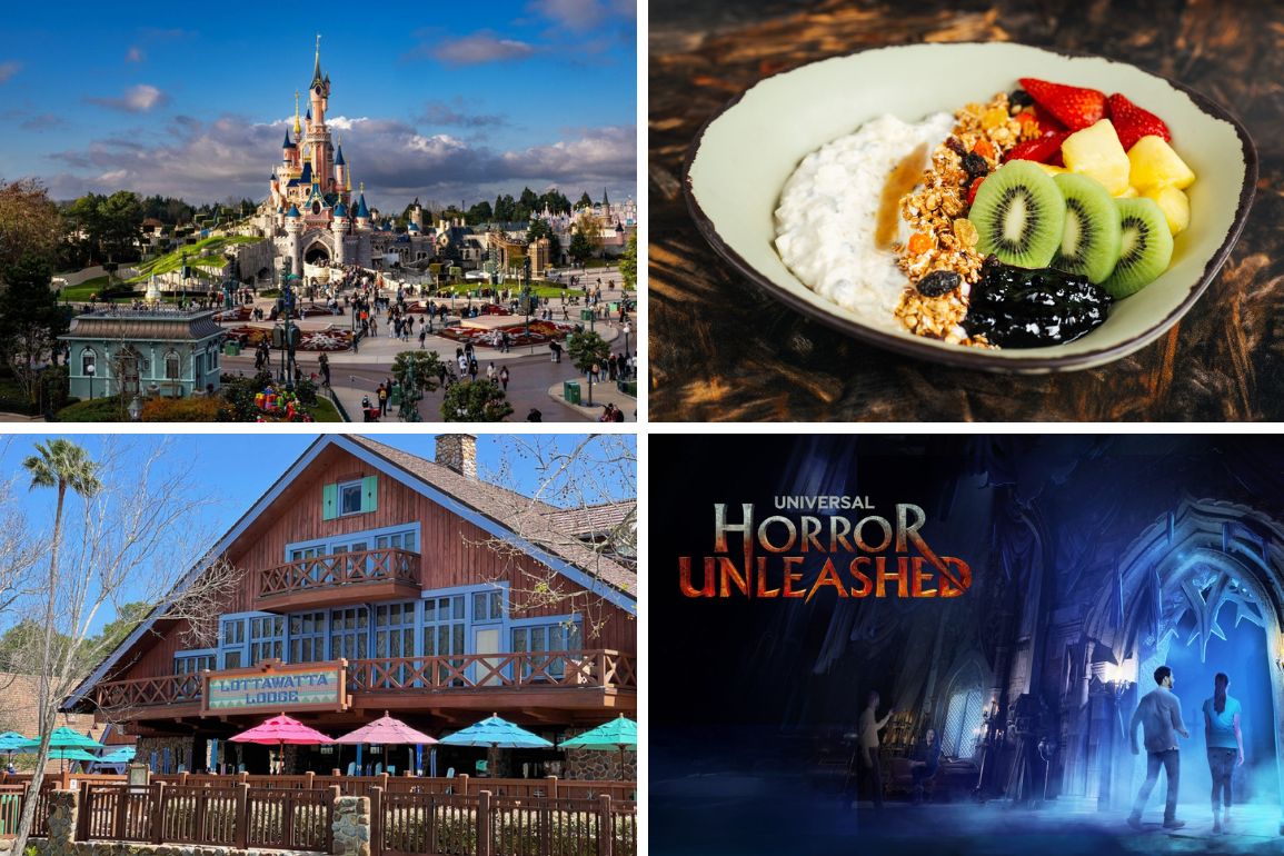 Collage of Disneyland castle, a bowl of yogurt with fruit, a wooden lodge with outdoor seating, and a spooky theme park attraction, capturing the whimsical essence in this daily recap.