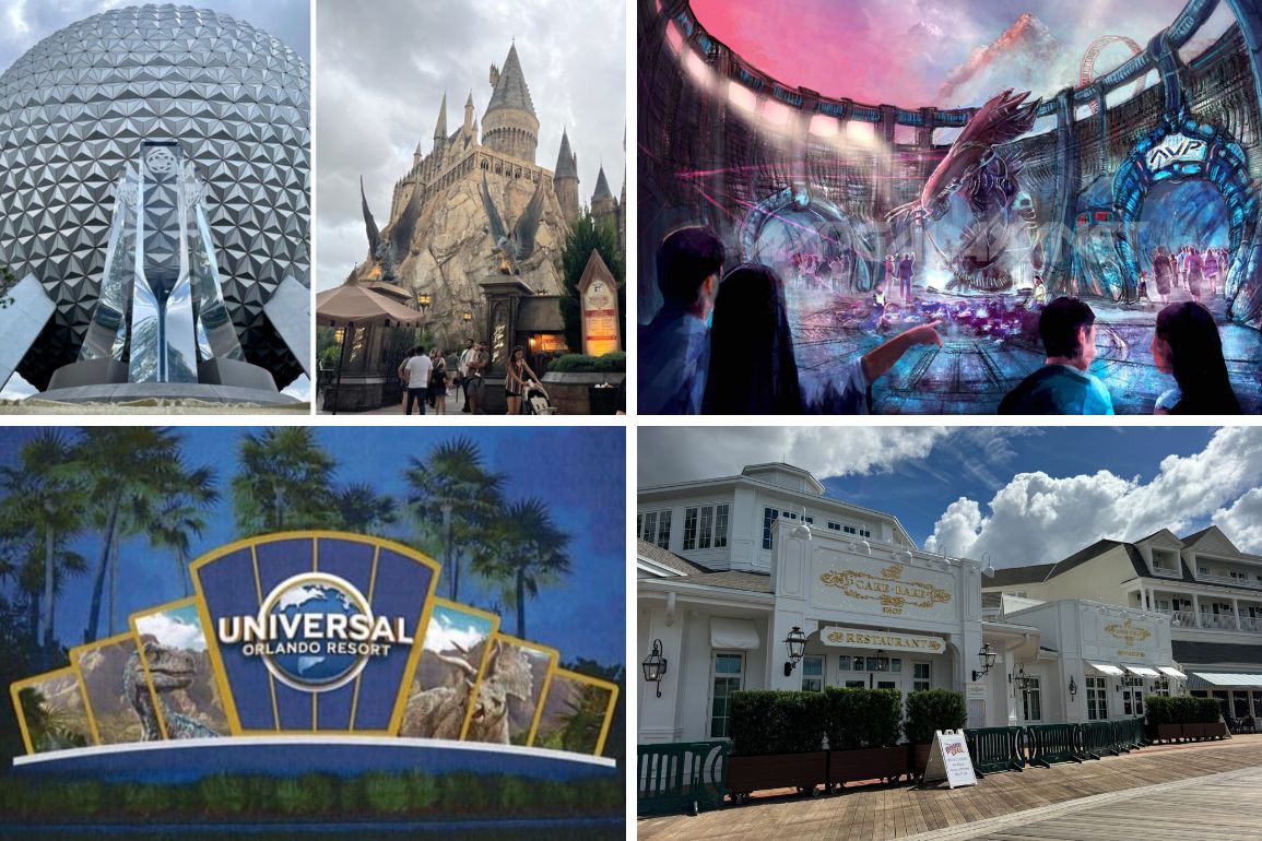 Collage of theme park attractions featuring a geodesic dome, castle, futuristic display, and Universal Orlando Resort sign—like a daily recap of adventures. Outdoor dining area with white buildings adds the perfect touch to this vibrant scene.