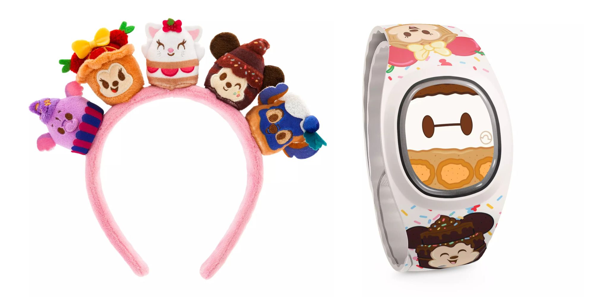 A pink headband with Disney Tsum Tsum plush toys and a colorful wristband with a Tsum Tsum character design.