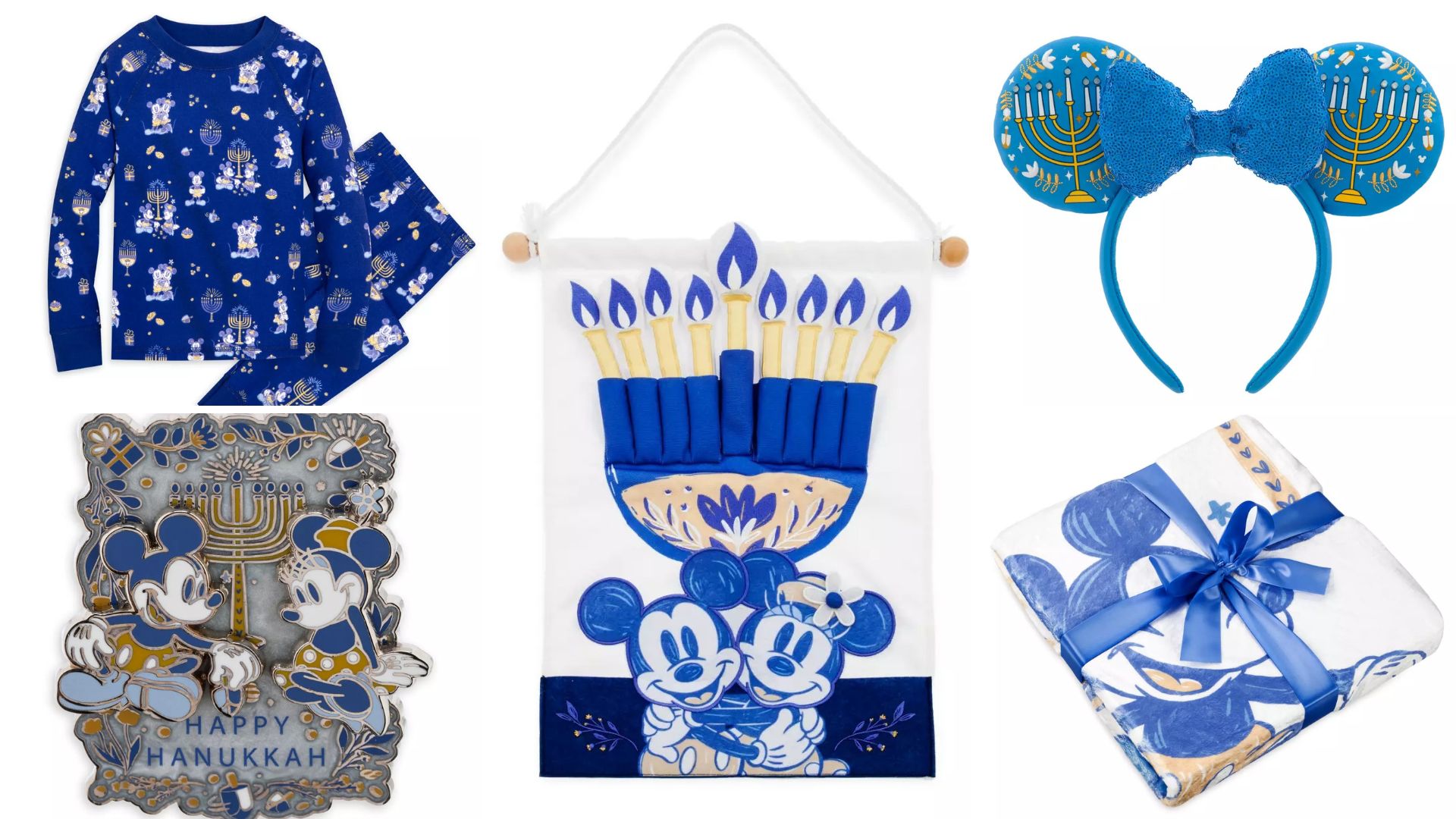 Blue and white Hanukkah-themed merchandise featuring cartoon characters: cozy pajamas, a wall banner with menorah, charming decorative ears, delightful metal figures, and a festive gift box.