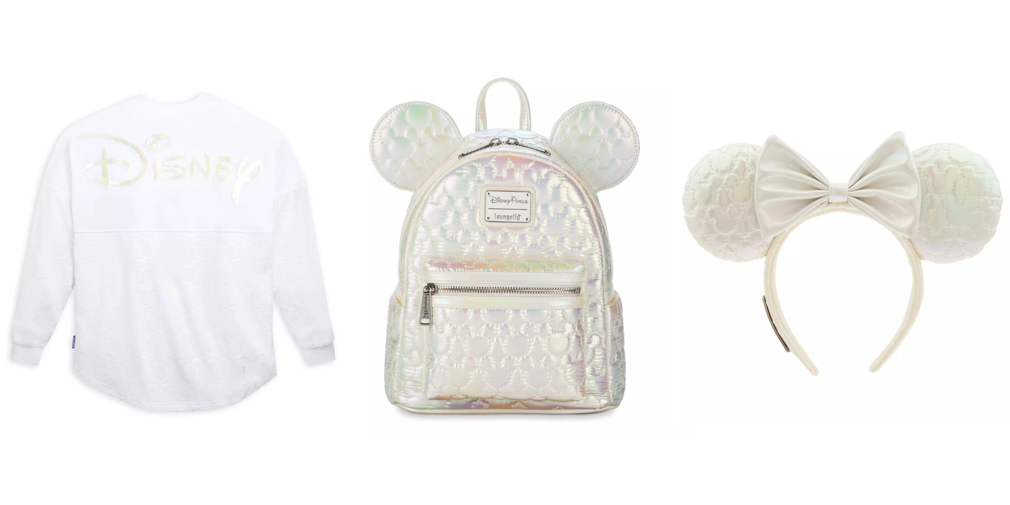 Disney-themed merchandise featuring a white Spirit Jersey, a backpack with Mickey Mouse ear icons, and a headband with a bow, all in stunning iridescent material.