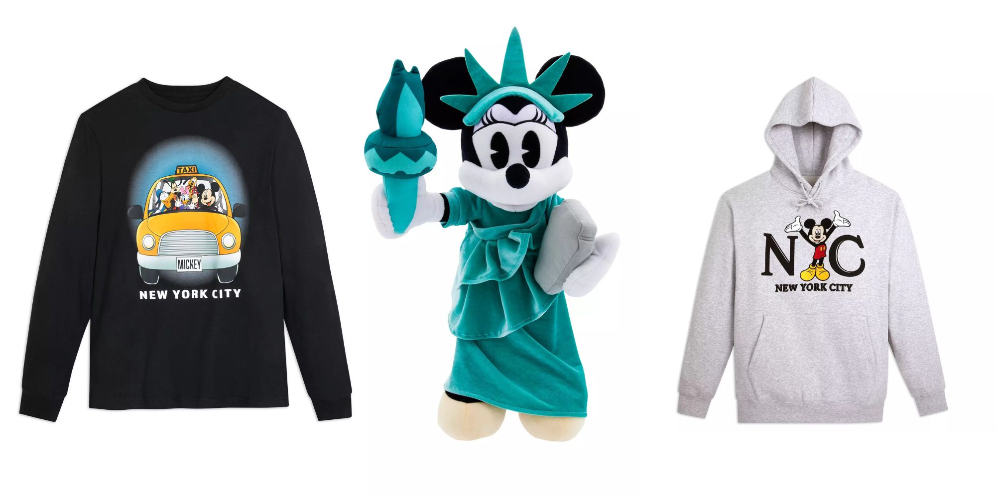 Three Disney New York City merch items: a black long-sleeve shirt with Mickey in a taxi, a Minnie Mouse Statue of Liberty plush, and a gray hoodie with an NYC design featuring Mickey.