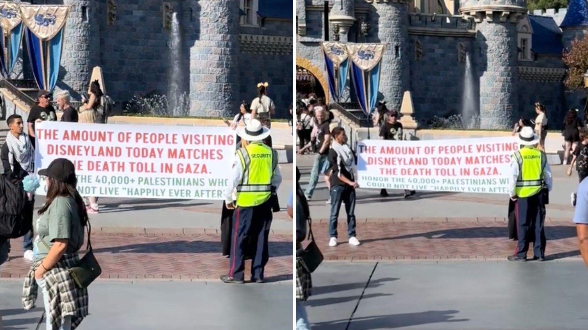 Protestors at Disneyland unfurl a banner, drawing a stark comparison between the park's daily visitor numbers and the tragic death toll in Gaza, emphasizing their Pro-Palestine stance.