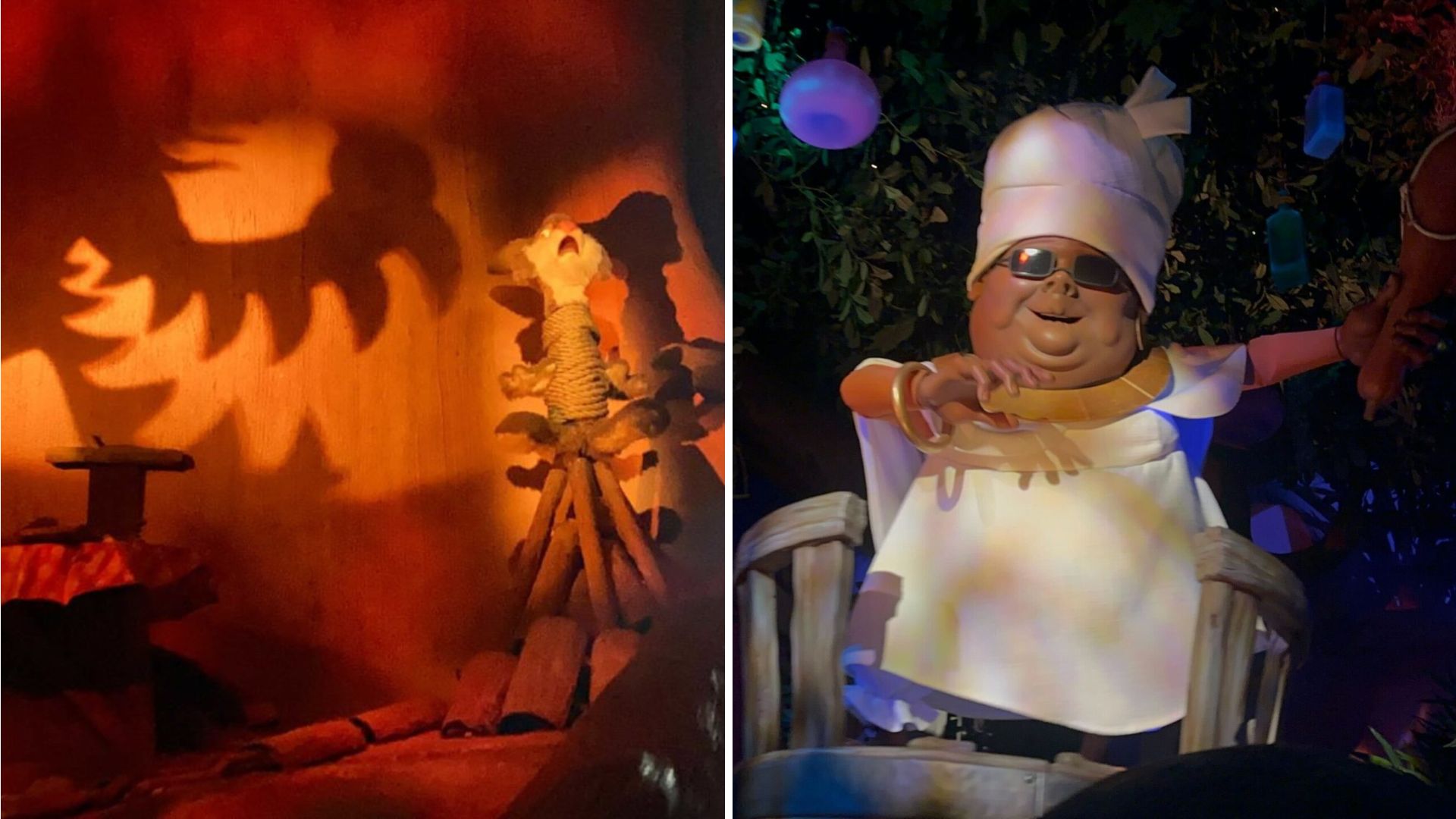 A scene showing playful shadows on the left and a cheerful animatronic character wearing a chef hat and sunglasses on the right, reminiscent of Tiana's Bayou Adventure, captures an enchanting vibe.