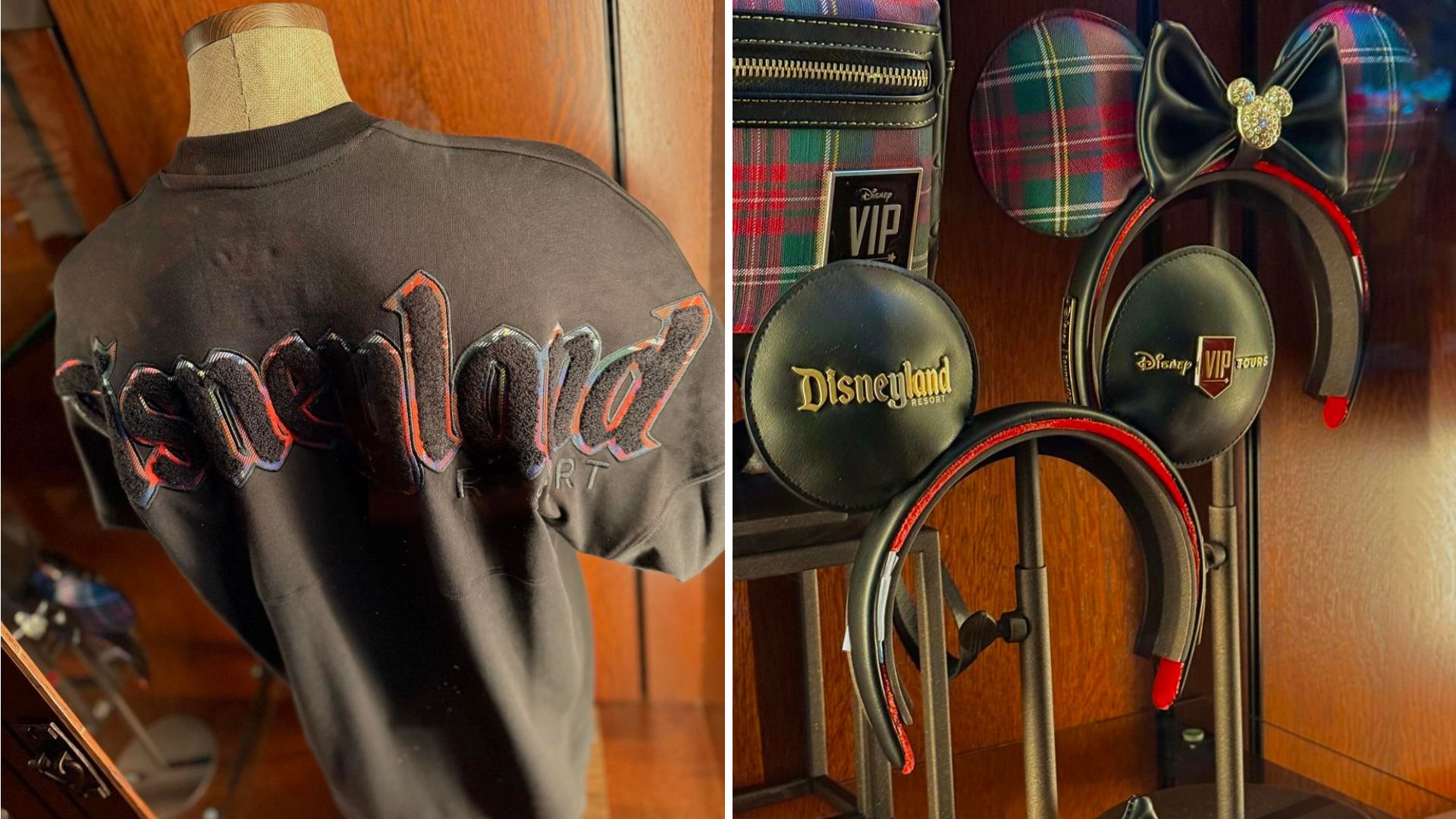 Disneyland sweatshirt on a mannequin and Disney VIP-themed Mickey ear headbands with plaid and bow details displayed on a shelf.