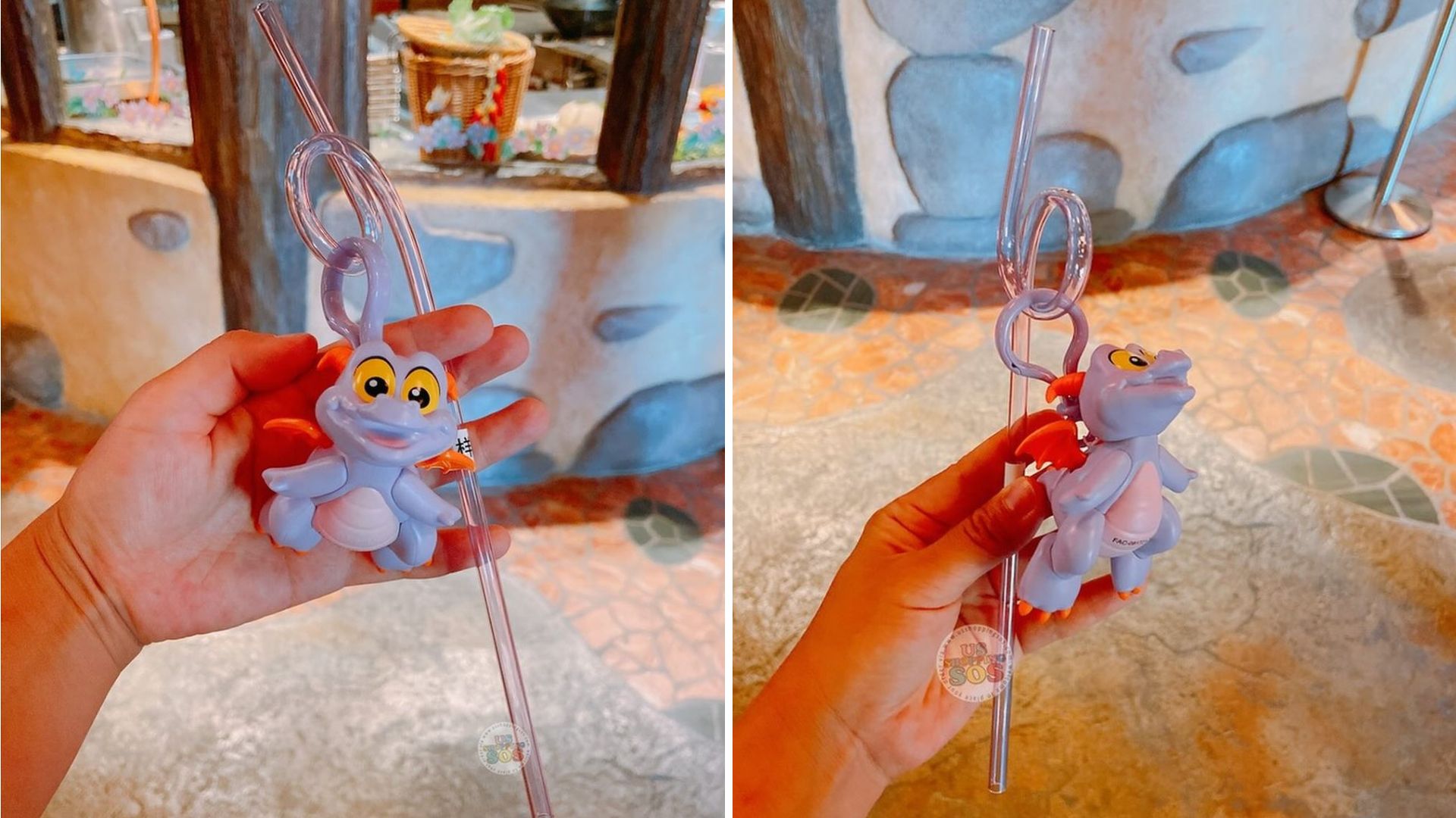 Hand holding a purple dragon-shaped straw clip with pink straw against a rustic background.