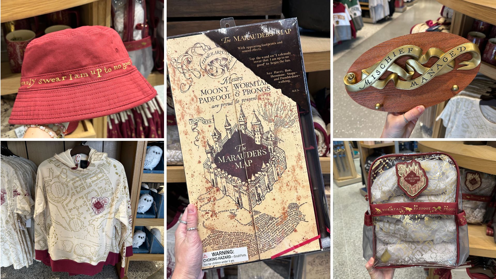 A display of Harry Potter merchandise including a red bucket hat, Marauder's Map, wooden plaque with "Mischief Managed" text, a themed sweatshirt, and a backpack.