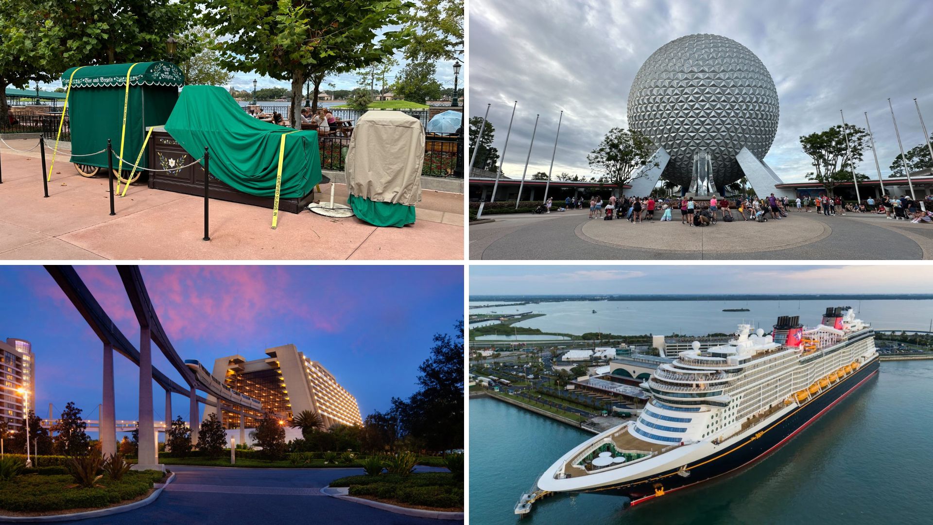 Collage of four images: covered strollers, Epcot's geodesic sphere, a hotel with a monorail, and a cruise ship in a harbor—capturing the essence of a daily recap from an unforgettable adventure.