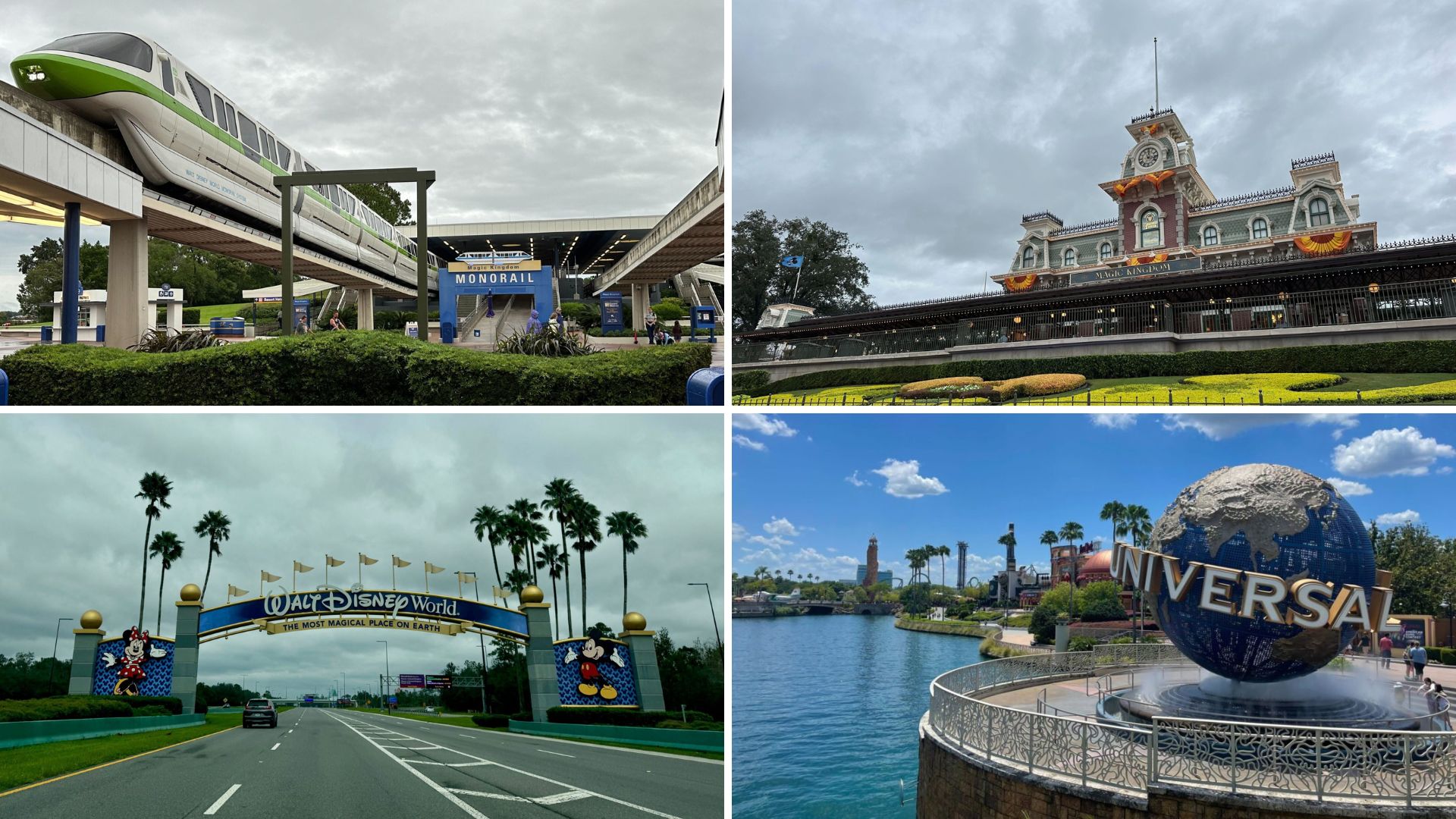 A daily recap collage of theme park scenes: a monorail cruising by, a bustling train station, the enchanting Disney World entrance, and the iconic globe sculpture at Universal Studios.