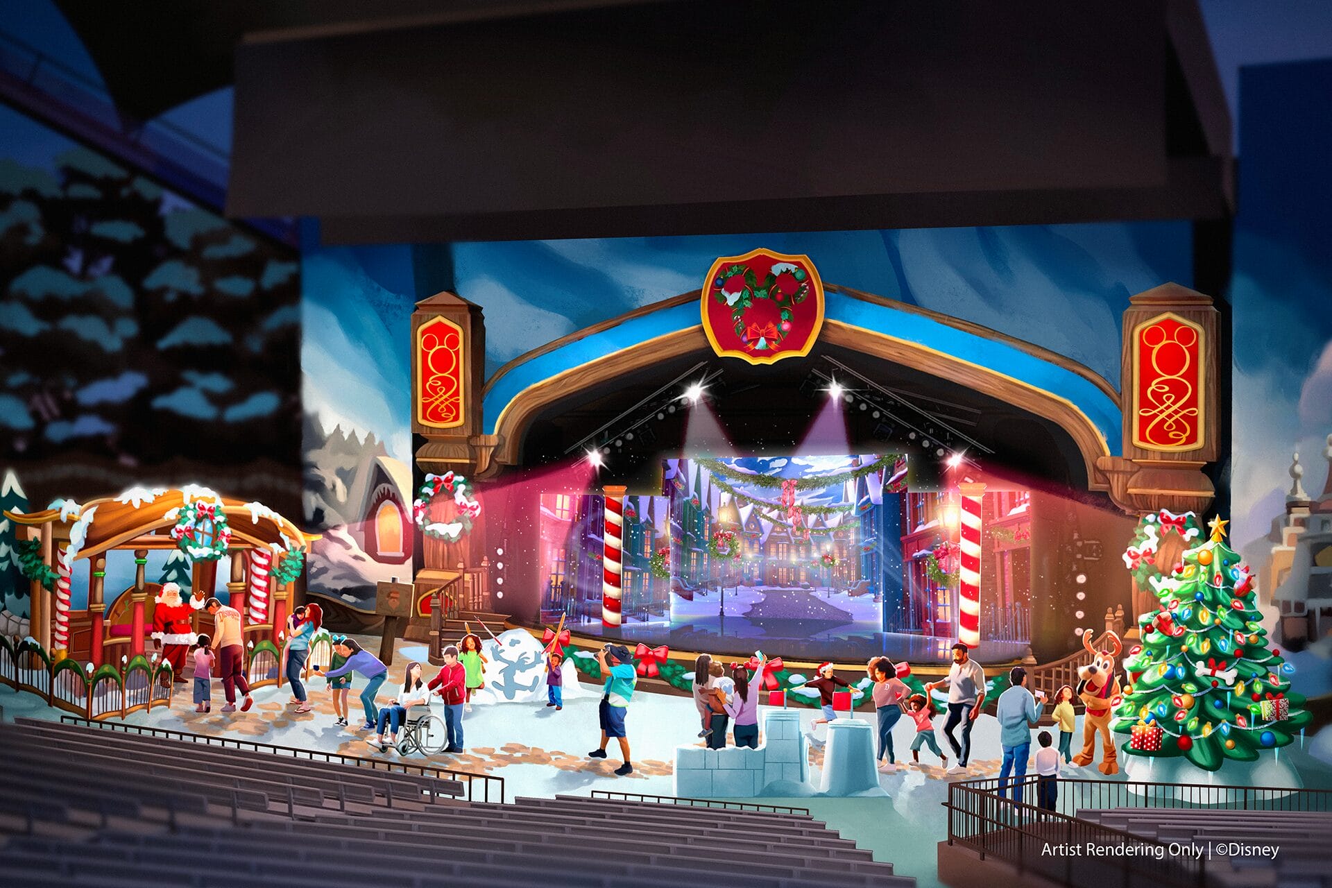 Artist's rendering of a festive holiday scene on stage with people interacting with Christmas-themed decor, including snowmen and Christmas trees.