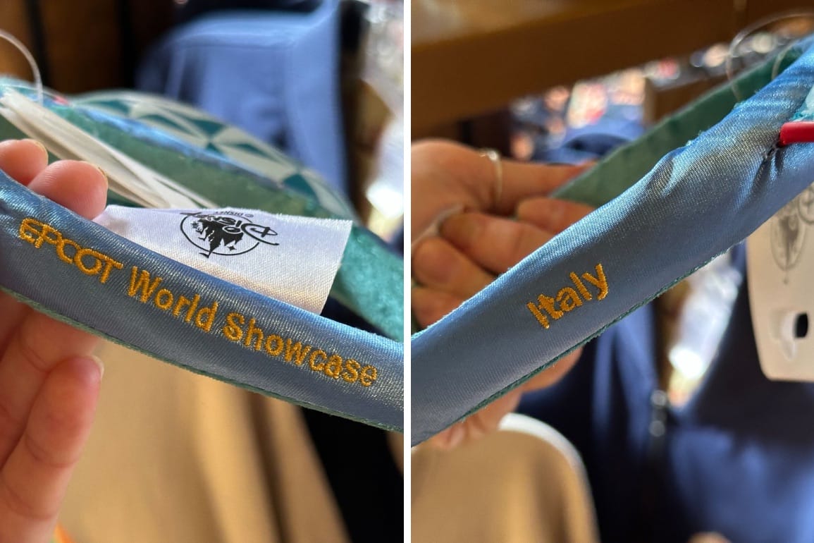 Two images show close-ups of merchandise tags. The left tag reads "EPCOT World Showcase," and the right tag reads "Italy.