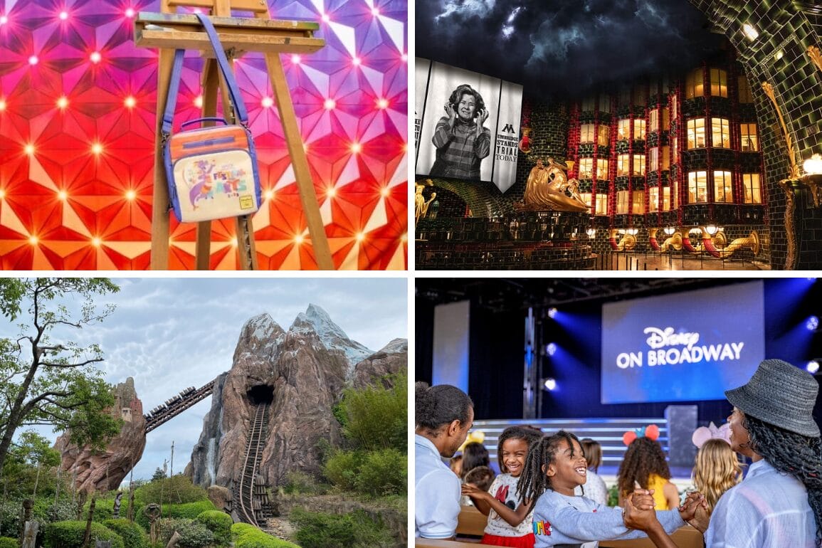 Collage of four images: an artist's easel with a colorful bag, a theater facade, a mountain-themed roller coaster, and a group of people at a Disney on Broadway event. A vibrant daily recap of creativity and adventure captured in snapshots.
