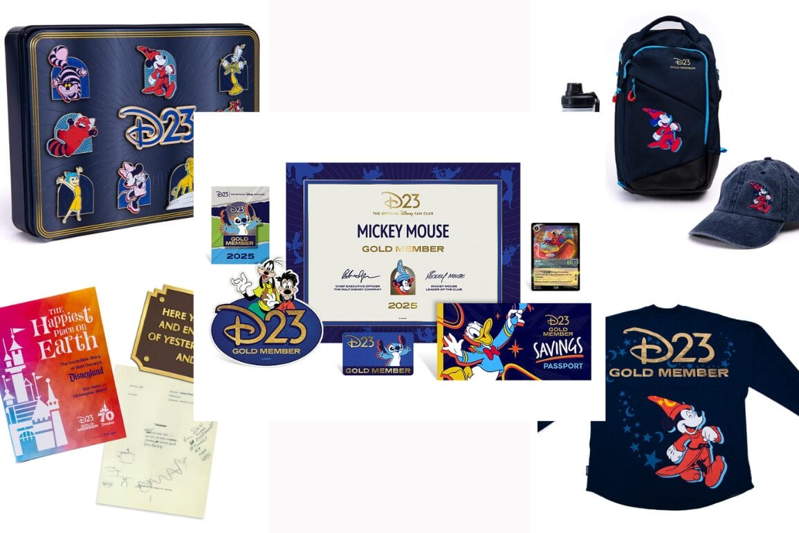 A collection of Disney-themed merchandise including a backpack, cap, tin box, certificate, card, booklets, and a shirt featuring various Disney characters and D23 logos.