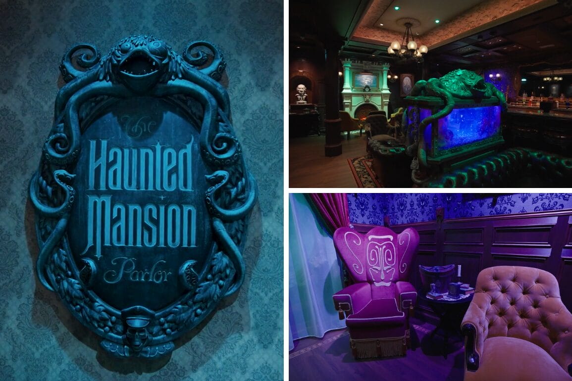 Collage of a haunted mansion-themed parlor featuring a decorative sign and two interior scenes with moody lighting and elaborate furniture.