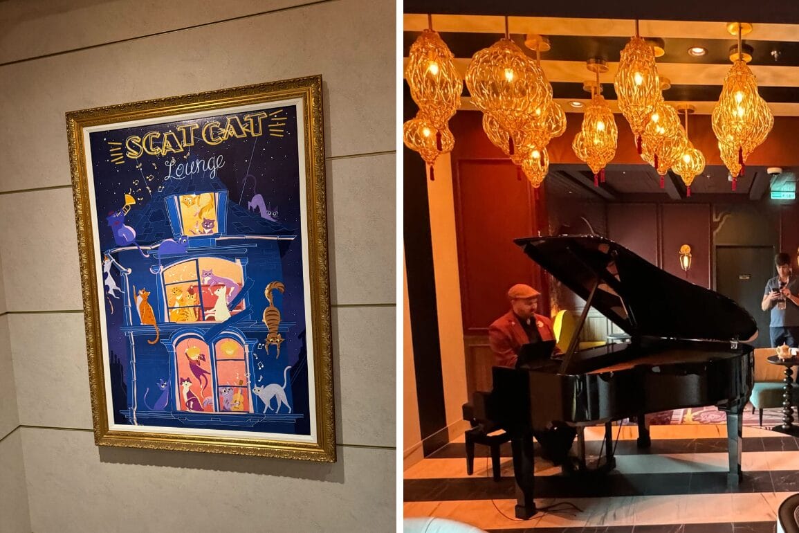 A framed art piece on the wall reads "Scat Cat Lounge," adorned with whimsical cat illustrations. Beneath ornate chandeliers, a person plays a grand piano, creating a cozy and inviting atmosphere.