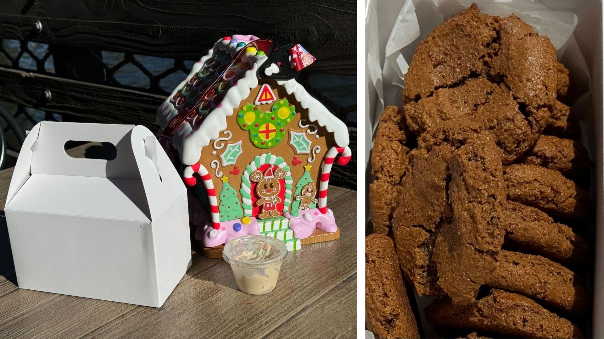 A gingerbread house and Disneyland gingerbread cookies sit atop a wooden surface, alongside a white box with a plastic container.