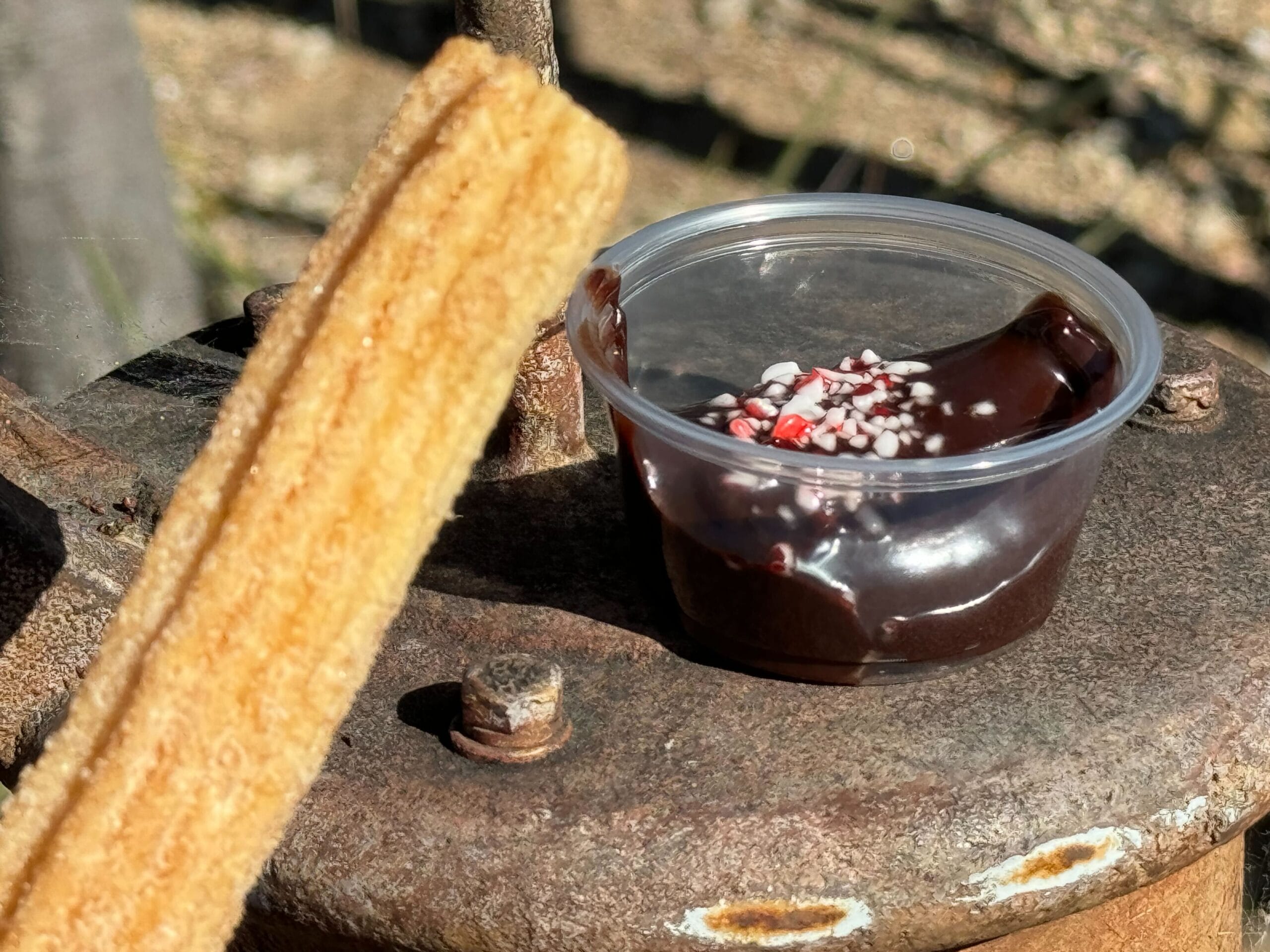 A delicious churro is placed next to a small plastic cup filled with chocolate sauce and candy sprinkles on a rusty metal surface, offering a delightful dl food experience.