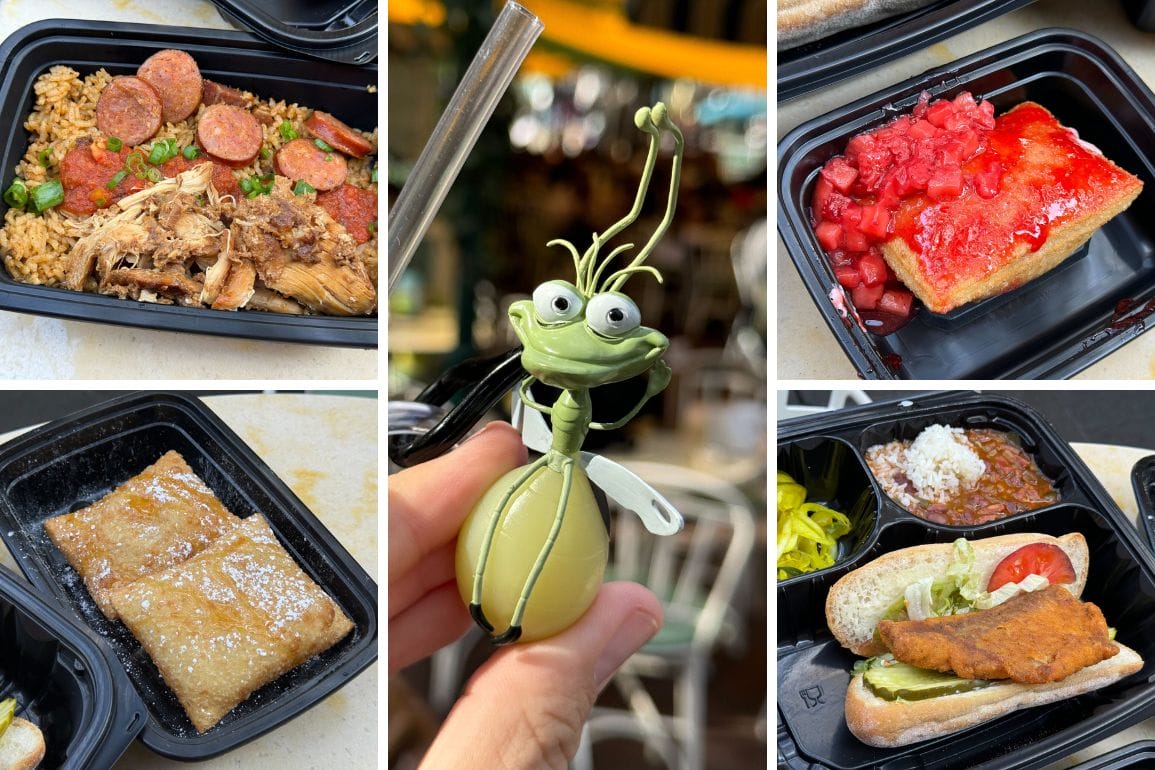 A delightful spread fit for Tiana's Palace includes rice with sausage and chicken, a strawberry dessert, a breaded fish sandwich, breakfast pastries, and a charming green character figure on black trays.