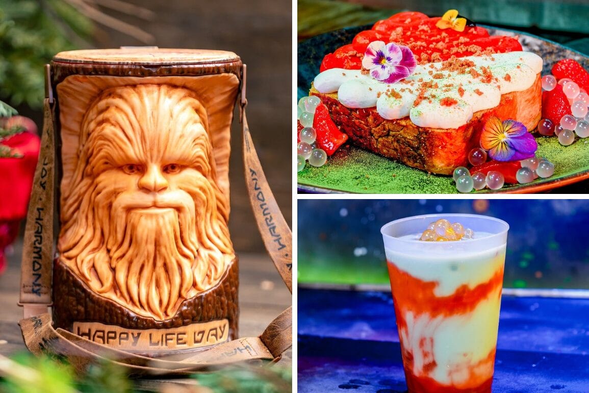 A Chewbacca-themed cake, a colorful dessert with fruit and whipped cream, and a layered drink with sauce and bubble toppings are displayed.