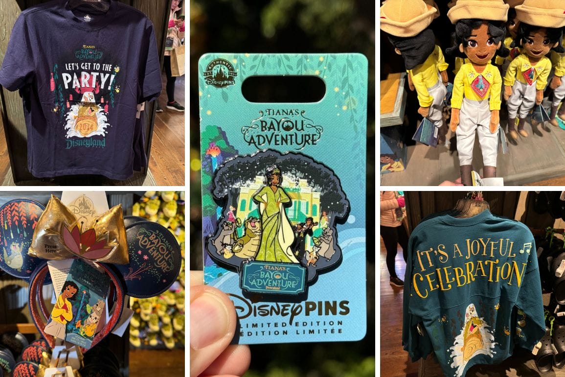 Discover our merchandise display showcasing themed t-shirts, plush toys, pins, and bows. Experience "Tiana's Bayou Adventure" branding with a charming cartoon character that will delight any critter club member.