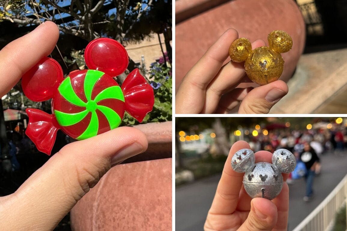 Three images capture hands holding Mickey Mouse-shaped candy ornaments: a red and green peppermint, a gold-shimmer piece, and a silver one with Mickey patterns, each exuding the festive charm of jingle bell glow cube delights.