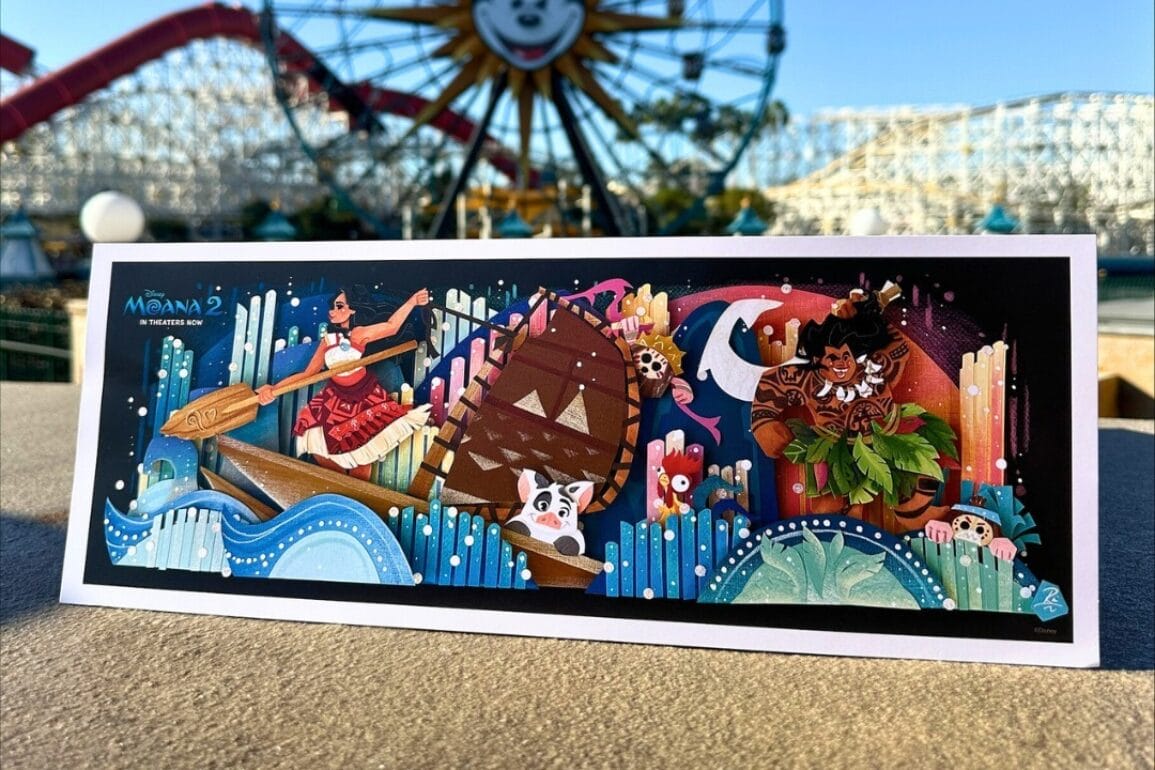 A colorful illustration featuring characters from Moana on a boat surrounded by ocean waves. In the background, an amusement park with a Ferris wheel is visible.