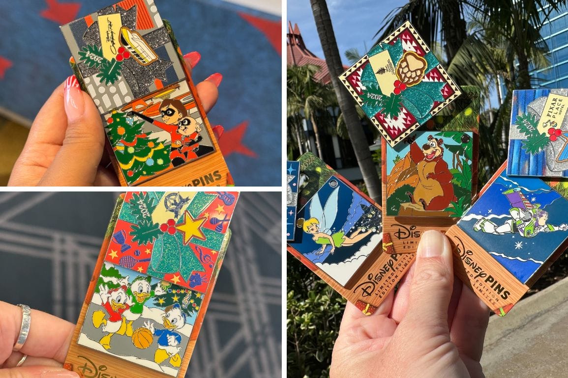 Various Disney-themed collectible pins held against backgrounds of a sidewalk and a palm tree, featuring characters like Donald Duck, Tinker Bell, and Baloo.