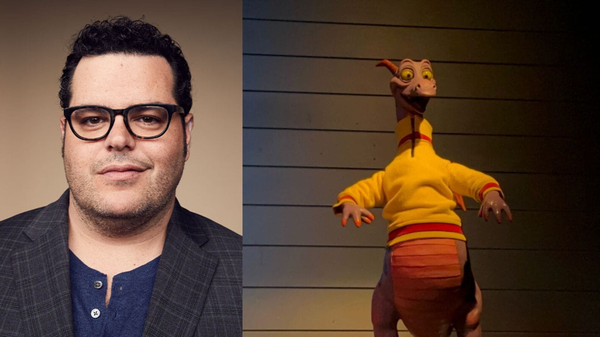 A person wearing glasses, resembling Josh Gad, stands next to a whimsical creature against a wall, sparking the imagination.