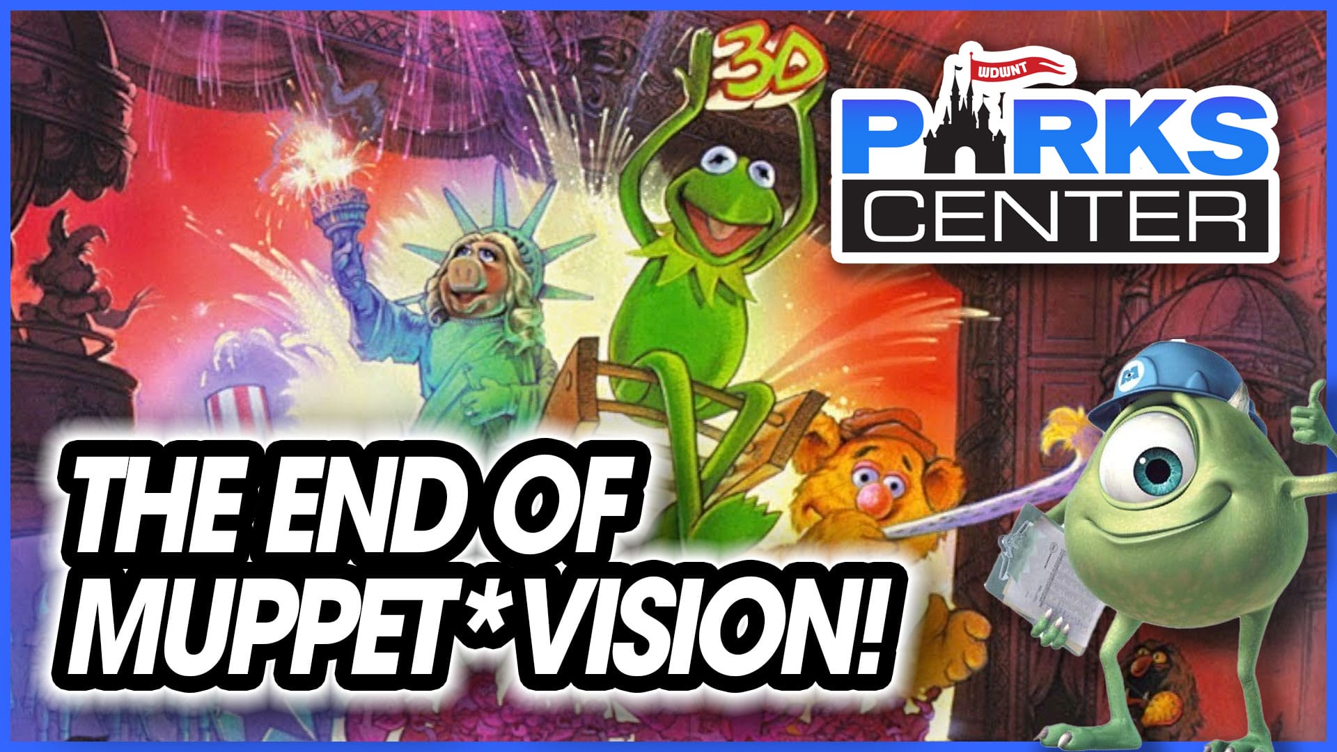 An illustration showcases Muppet characters, like a frog and bear, alongside the vibrant "The End of Muppet*Vision!" with the "ParksCenter" logo. In the foreground, a green character wearing a hat holds papers, adding charm to this playful scene.