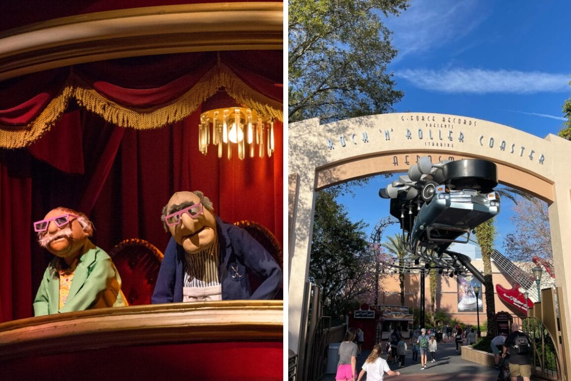 On the left, two puppet figures sit in a theater box as if awaiting a daily recap. On the right, the entrance to a roller coaster boasts a model of a car above.
