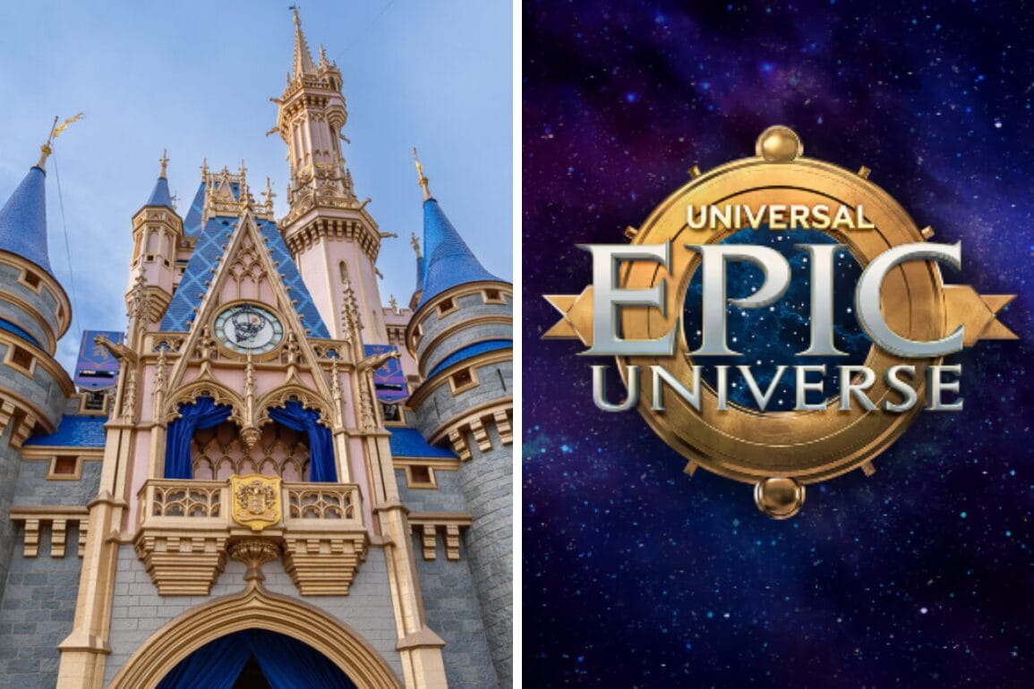 The image shows a castle on the left and the Universal Epic Universe logo on the right against a starry background.